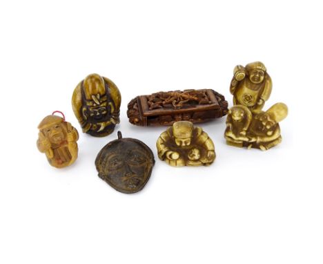 Collection of Four (4) Vintage Japanese Carved Bone Netsuke, a Carved Horn Netsuke, a Carved Horn Snuff Box and an African Ir