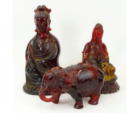 Lot of Three (3) Vintage Carved Amber Deity Figurines. Unsigned. One with restoration to head and chips or in good vintage co