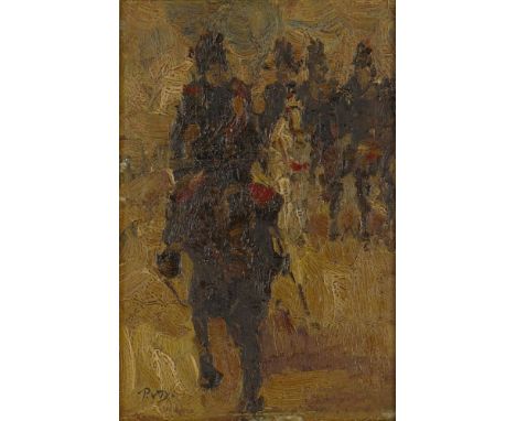 Peter Van Delft, Holland (born 1930's) Old Master style Oil on Board, Horse Riders. Artist Monogram Lower Left. Good Conditio