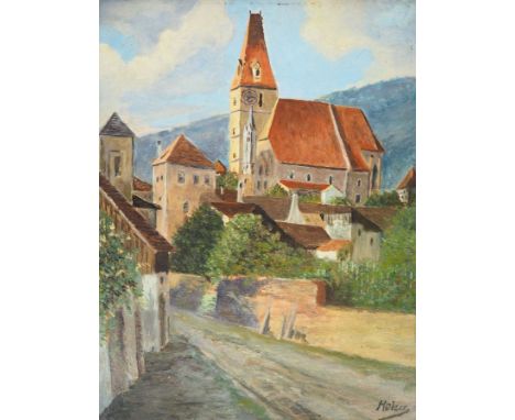 HOLZER, österreichische/r Künstler/in um 1910,Öl/ Malkarton, Wehrkirche Maria Himmelfahrt in Weißenkirchen/ Wachau, rechts un