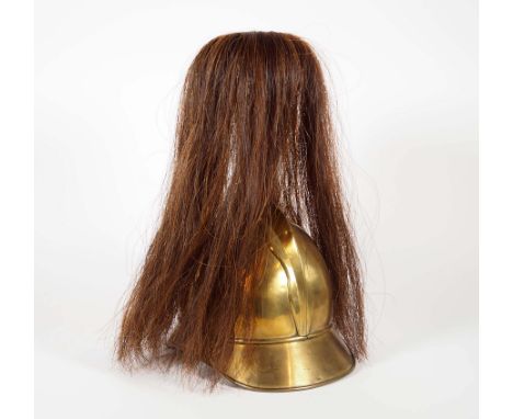 FEUERWEHRHELM, wohl Baden, um 1900,Messing, mit Busch, Innenfutter und Kinnriemen Leder, über alles ca. 39 x 20 x 26,5 cm
