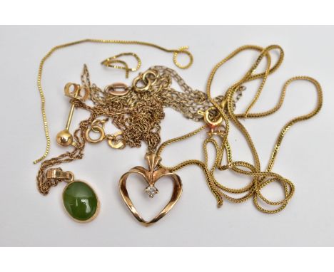 TWO PENDANT NECKLACES AND A BROKEN CHAIN, the first a jade cabochon pendant, collet setting hallmarked 9ct Birmingham, suspen