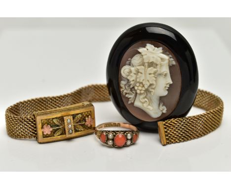 A LATE VICTORIAN RING WITH A BROOCH AND A BRACELET, to include a 9ct gold ring, set with three coral cabochons and four split