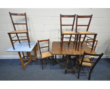 AN OAK GATE LEG TABLE, six various chairs, along with a Formica top gate leg table (8)