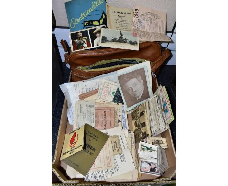A BOX CONTAINING POSTCARDS, CIGARETTE CARDS AND OTHER PRINTED EPHEMERA, ETC, including approx. 150 postcards of greetings typ
