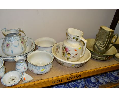 A QUANTITY OF LATE VICTORIAN / EDWARDIAN WASH SETS, including a grey Royal Doulton part set painted with a snowy landscape, c