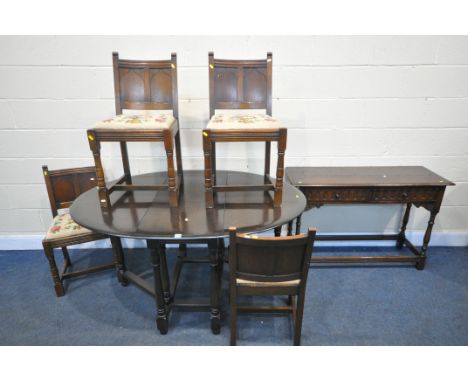 AN OAK GATE LEG TABLE, open length 147cm x closed length 49cm x depth 106cm x height 77cm, four chairs, along with an oak sid