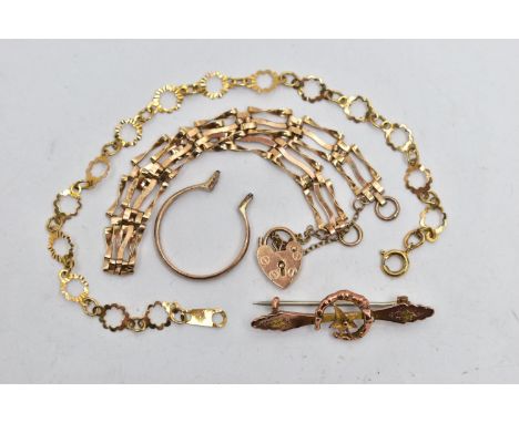 TWO BRACELETS, A BROOCH AND RING SHANK, to include a yellow gold fancy openwork link bracelet, fitted with a spring clasp, ha