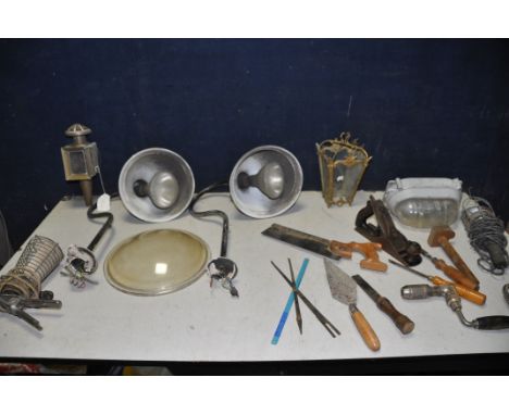 A SELECTION OF OUTDOOR LIGHTING along with some vintage tools, a Stanley hand drill, Sergant VBN plane, saw, and two chisels 