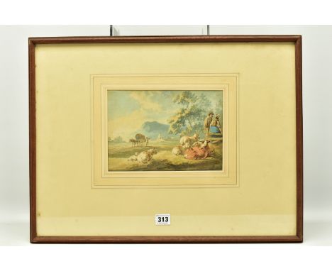 PETER Le CAVE (ACTIVE 1769-1816) 18TH CENTURY LANDSCAPE WITH ANIMALS, two figures are sitting on a fence while their animals 