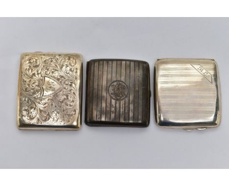 THREE SILVER CIGARETTE CASES, two with engine turned patterns and engraved cartouches, fitted with push button clasp, gilt in