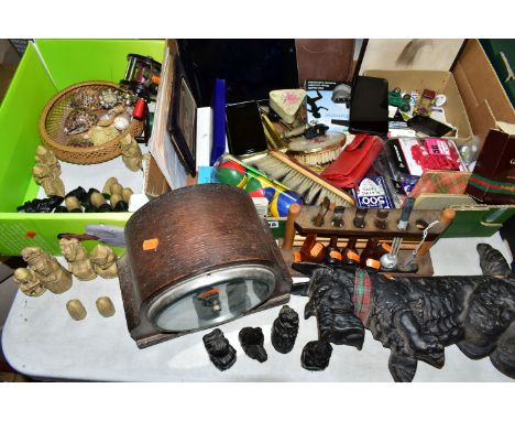 THREE  BOXES OF VINTAGE FISHING REELS, SEA SHELL, CHESS SET AND SUNDRIES, to include a Bakelite  Penn fishing reel, a Gyrex f