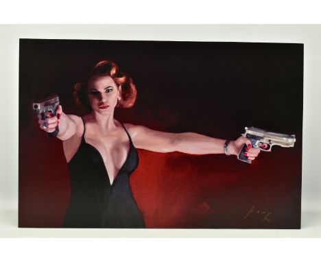 VINCENT KAMP (BRITISH CONTEMPORARY) 'CANDY CLEARS UP', a signed limited edition print on board, depicting a female figure hol