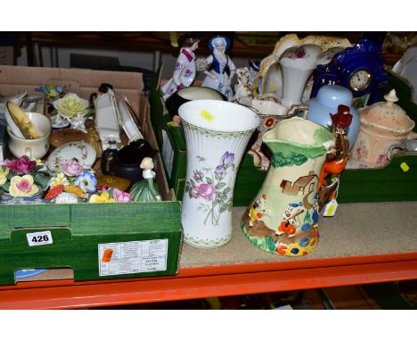 TWO BOXES OF CERAMICS, to include an Aynsley 'Orchard Gold' pin dish, a Sylvac 2696 planter, a black basalt cream jug, a Roya