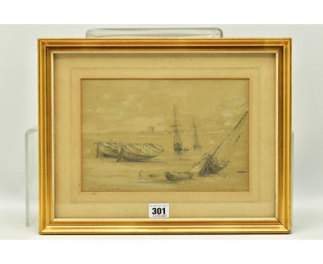 ATTRIBUTED TO ANDREW NICHOLL RHA (1804-1886)  'CARRICK FERGUS' a sketch of fishing boats at low tide, no visible signature, t