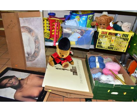 THREE BOXES OF VINTAGE TOYS AND SIX BOXED PIRELLI WALL CALENDARS, to include 1985, 1986, 1987, 1989 1990, 1991, a copy of The