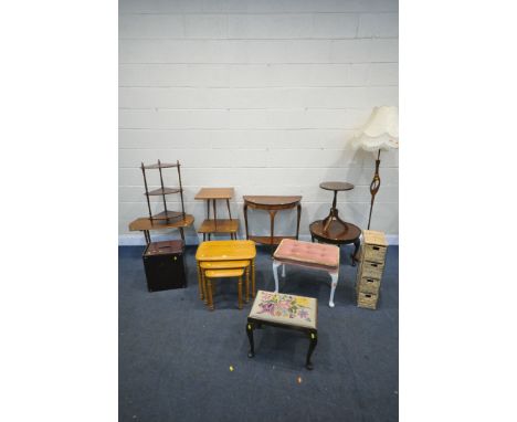 A SELECTION OF OCCASIONAL FURNITURE, to include six occasional tables, a beech nest of three tables, two stools, standard lam
