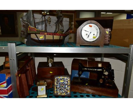 A VINTAGE SINGER SEWING MACHINE, MANTEL CLOCKS AND WOODEN BOXES, comprising a Singer Gazelle sewing machine with case and ins