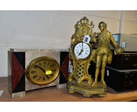 TWO FRENCH CLOCKS, comprising a marble Art Deco alarm clock with oval dial, together with a Gilt regency style figural alarm 