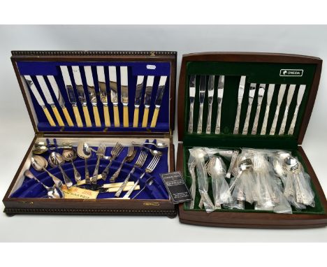 TWO CANTEENS OF CUTLERY, the first a wooden canteen containing a six person table setting of 'Oneida' Community plate cutlery