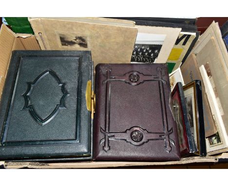 ONE BOX, containing three Victorian or Edwardian leather bound, brass clasped, gilt edged page, photograph albums with portra