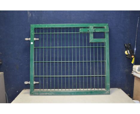 A HEAVY DUTY GATE constructed from a 5cm box section with two hinge eyes on one edge and a sliding closer to opposite edge, 6