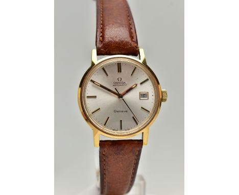 A GENTS 'OMEGA AUTOMATIC' WRISTWATCH, round silver dial signed 'Omega Automatic Geneve', baton markers, date window at the th