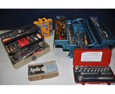 TWO TOOLBOXES containing ratchets, spanners, sockets, screwdrivers etc along with a 13 piece cased socket set, cased screwdri