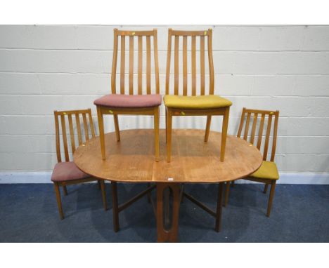 A MID-CENTURY TEAK GATE LEG DINING TABLE, open length 155cm x closed length 24cm x depth 108cm x height 75cm, and four chairs