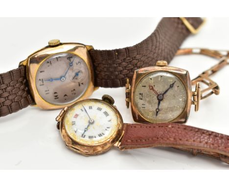 A LADYS 9CT GOLD 'ROLEX' WRISTWATCH AND TWO MID 20TH CENTURY WATCHES, the first a ladys manual wind 'Rolex' with a round silv