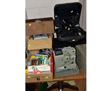 A VINTAGE EUMIG CINE CAMERA, a cased  JVC  video recorder, film splicer, slide projector and reels of 8mm film, etc. (2 boxes