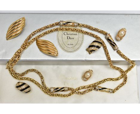 AN ASSORTMENT OF 'CHRISTIAN DIOR' JEWELLERY, the first a long Byzantine chain with four tubular fittings detailed with black 