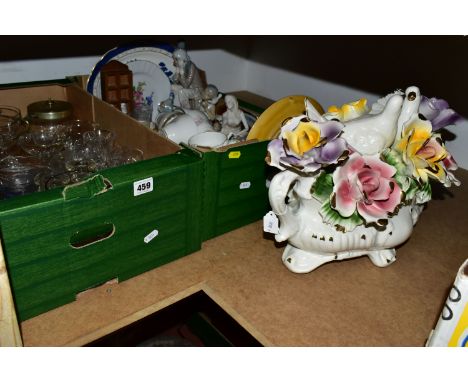 TWO BOXES AND LOOSE CERAMICS AND GLASS, including drinking glasses, moulded glass dressing table items, a Capodimonte style d