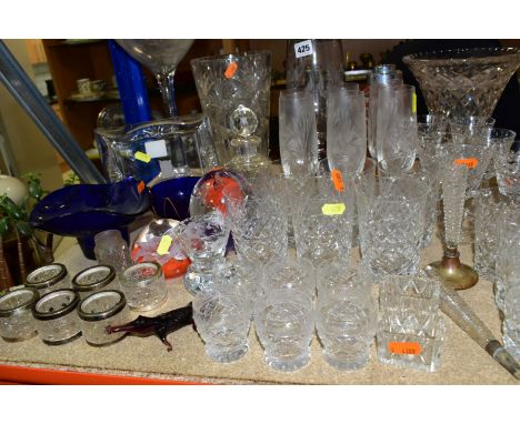 A GROUP OF CUT CRYSTAL AND COLOURED GLASS, comprising  a set of six Webb Crystal 'Heirloom' pattern liqueur glasses, a set of