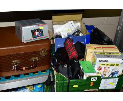 ONE BOX OF ASSORTED CAMERAS AND A PORTABLE GRUNDIG REEL TO REEL TAPE RECORDER, to include a wicker shopping basket, a Megger 