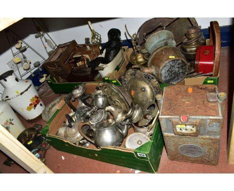 THREE BOXES AND LOOSE OF METALWARES, ETC, including pewter and silver plated tea wares, a vintage meter, Christmas tree stand