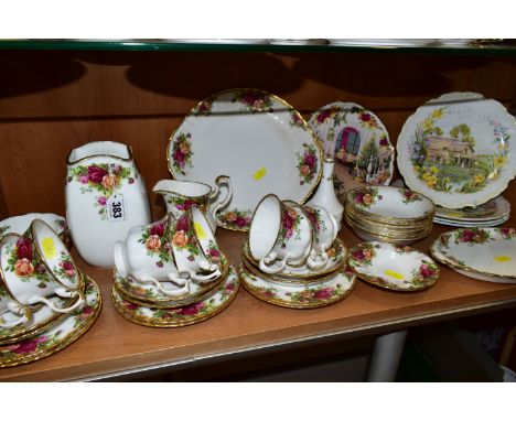 A ROYAL ALBERT 'OLD COUNTRY ROSES' PATTERN TEA SET, comprising a square form vase, height 17cm, cake plate, sugar bowl, milk 