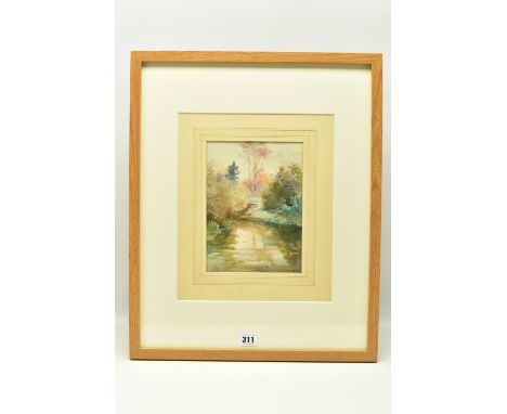GEORGE CLAUSEN (1852-1944) 'IN MY GARDEN', a water landscape, signed bottom right, titled to the painting verso, watercolour 
