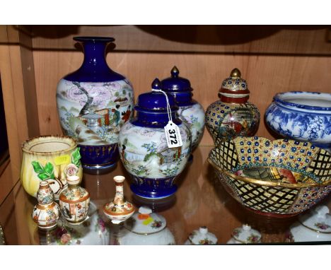 A GROUP OF ORIENTAL PORCELAIN, comprising a Satsuma bowl and matching ginger jar, decorated with a central Japanese pastoral 