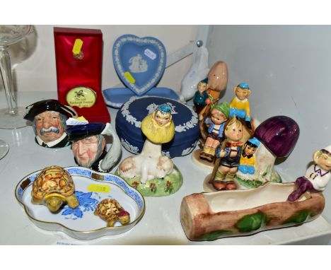 A SMALL GROUP OF HUMMEL, WEDGWOOD, HEREND, ROYAL DOULTON, ETC, including Beswick Tortoise Mother with Hat, model no.1335 and 