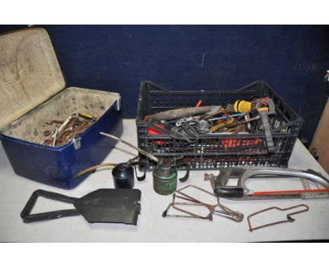 A TRAY AND TUB OF TOOLS to include saws, sharpening stones, oil cans, head torches along with a large quantity of spanners, a