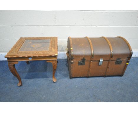 AN ANGLO-INDIAN CARVED HARDWOOD OCCASIONAL TABLE, with a glass insert, on cabriole legs, 56cm squared x height 48cm, along wi