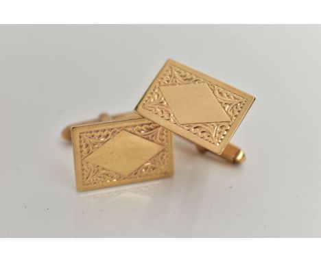 A PAIR OF 9CT GOLD CUFFLINKS, each of a rectangular form with a floral pattern and vacant cartouche, swivel fittings, hallmar