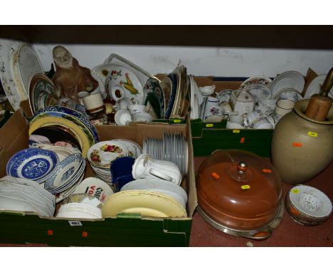 SEVEN BOXES AND LOOSE CERAMICS, ETC, including a quantity of assorted miscellaneous saucers, tea plates, dinnerware, a wooden