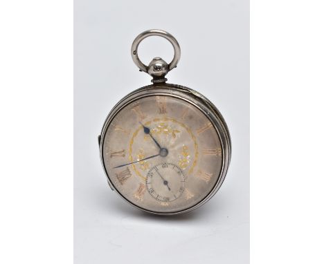 A LATE VICTORIAN SILVER OPEN FACE POCKET WATCH, key wound movement, round silver dial with gold floral detail, Roman numerals