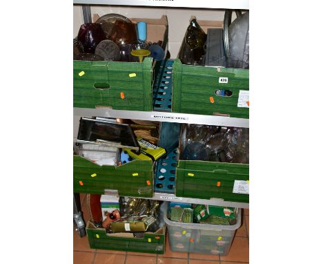 SIX BOXES OF GLASSWARE AND ASSORTED SUNDRIES, to include a 1960's Martini cocktail tray, drinking glasses, boxed rotary garde