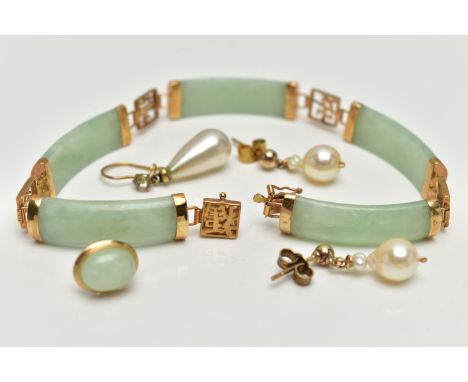A 9CT GOLD JADE BRACELET AND EARRINGS, the bracelet designed as a series of five curved jade panels, collet set each side, in