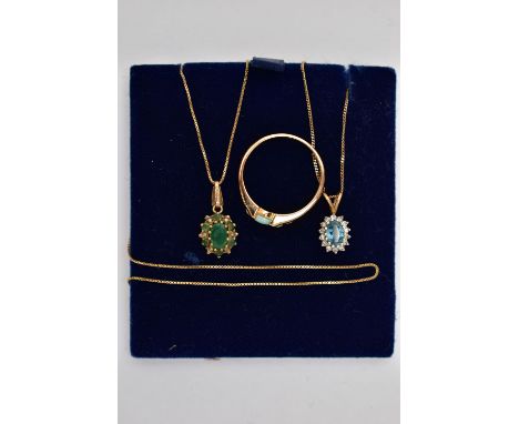 A 9CT GOLD OPAL RING AND TWO PENDANT NECKLACES, the ring set with nine opal cabochons, channel set to a yellow gold band, hal