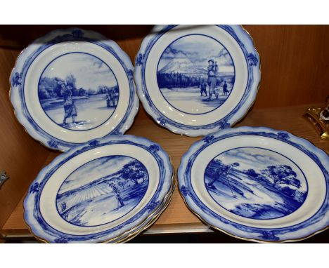 A SET OF SIX BOXED ROYAL DOULTON 'THE GOLFING WORLD' COLLECTION PLATES, with scalloped rims, diameter 30.5cm, marked 'Made to