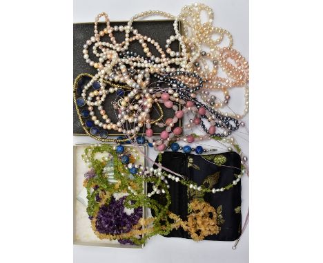 A BAG OF ASSORTED SEMI-PRECIOUS GEMSTONE JEWELLERY, to include five long strands of baroque cultured pearls, varying in colou
